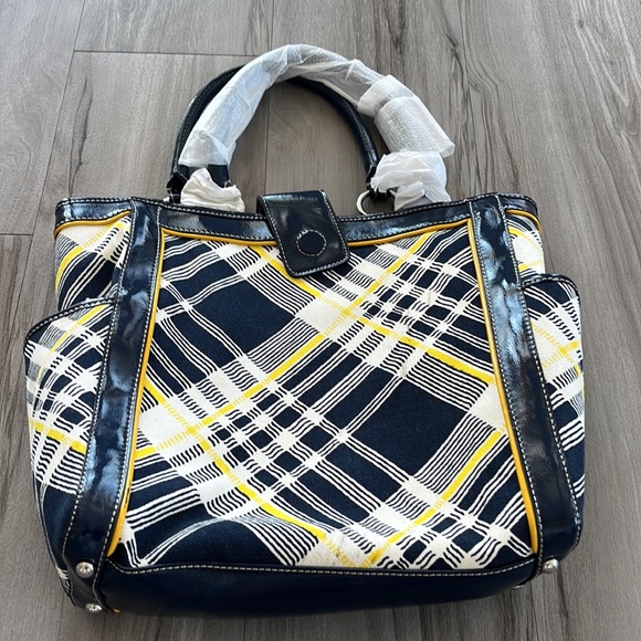 💛NWT💙 TALBOTS Quilted Tartan Plaid Tote Bag Navy Blue Yellow - Picture 2 of 14